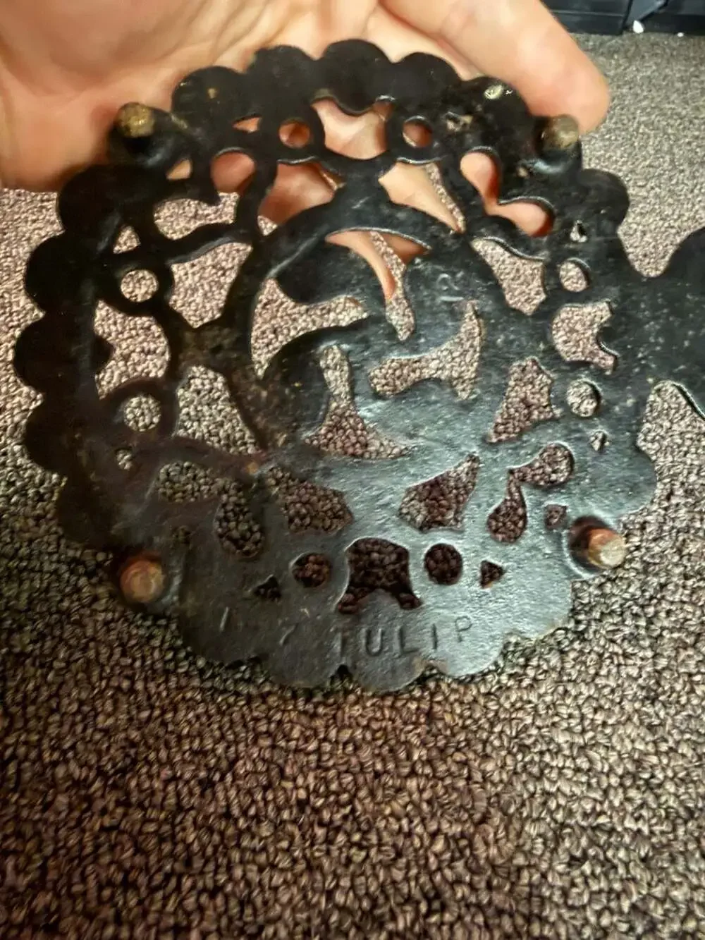 Vintage John Z. Harner Cast Iron Trivet Tulip Heart Ornate with Handle